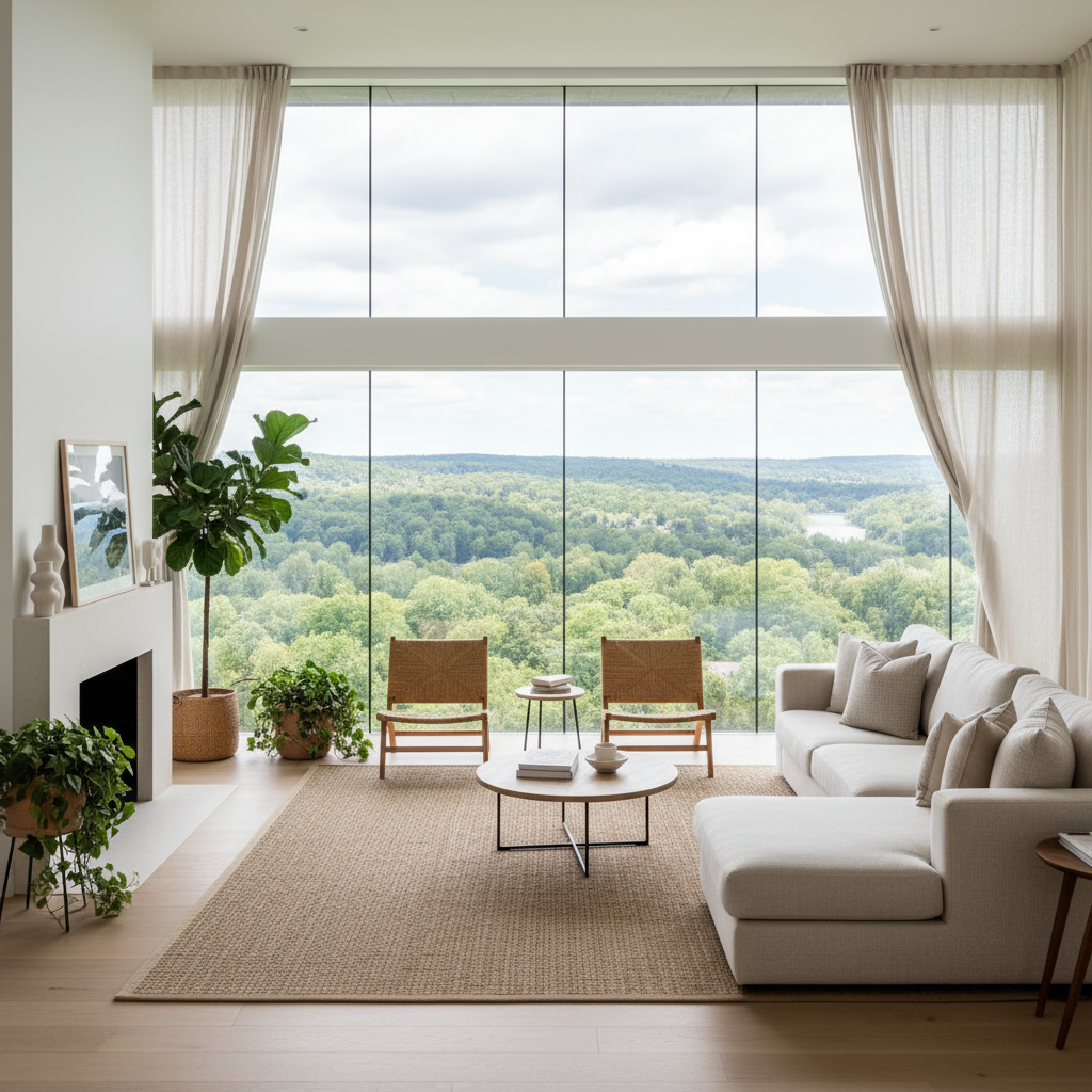 a light and airy living room with a large window overlooking hills and a forest